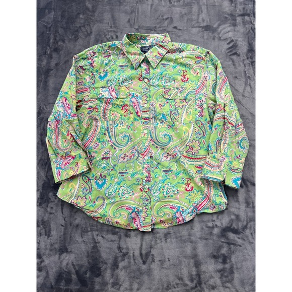 Chaps Tops - Chaps Classics Shirt Womens XL Green Pink Paisley Cotton 3/4 Sleeve Button Down